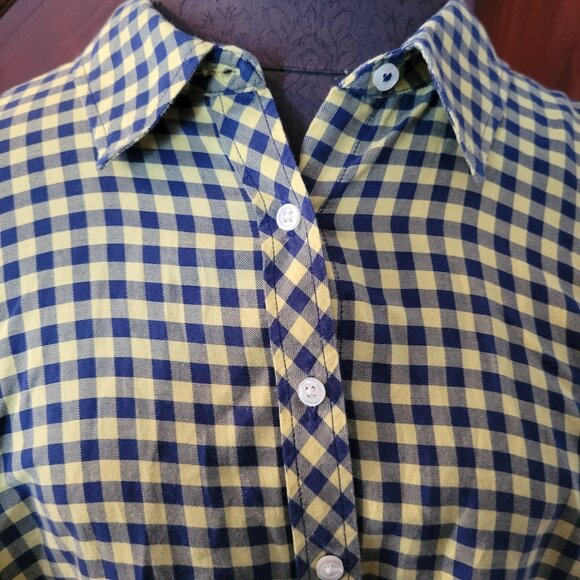 Talbots Womens Petites Checkered Button-Up Shirt Yellow/Blue Plaid Xp Cotton - Picture 3 of 4